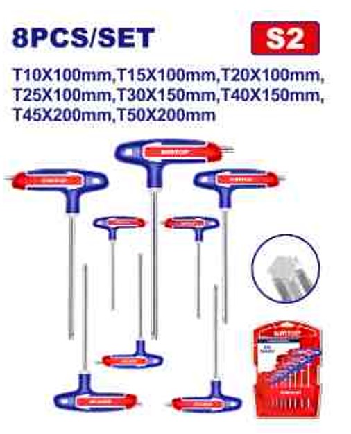 8 Pcs T-Handle Torx Wrench Set, T10-T50, S2 Material, Heat Treated Chrome
